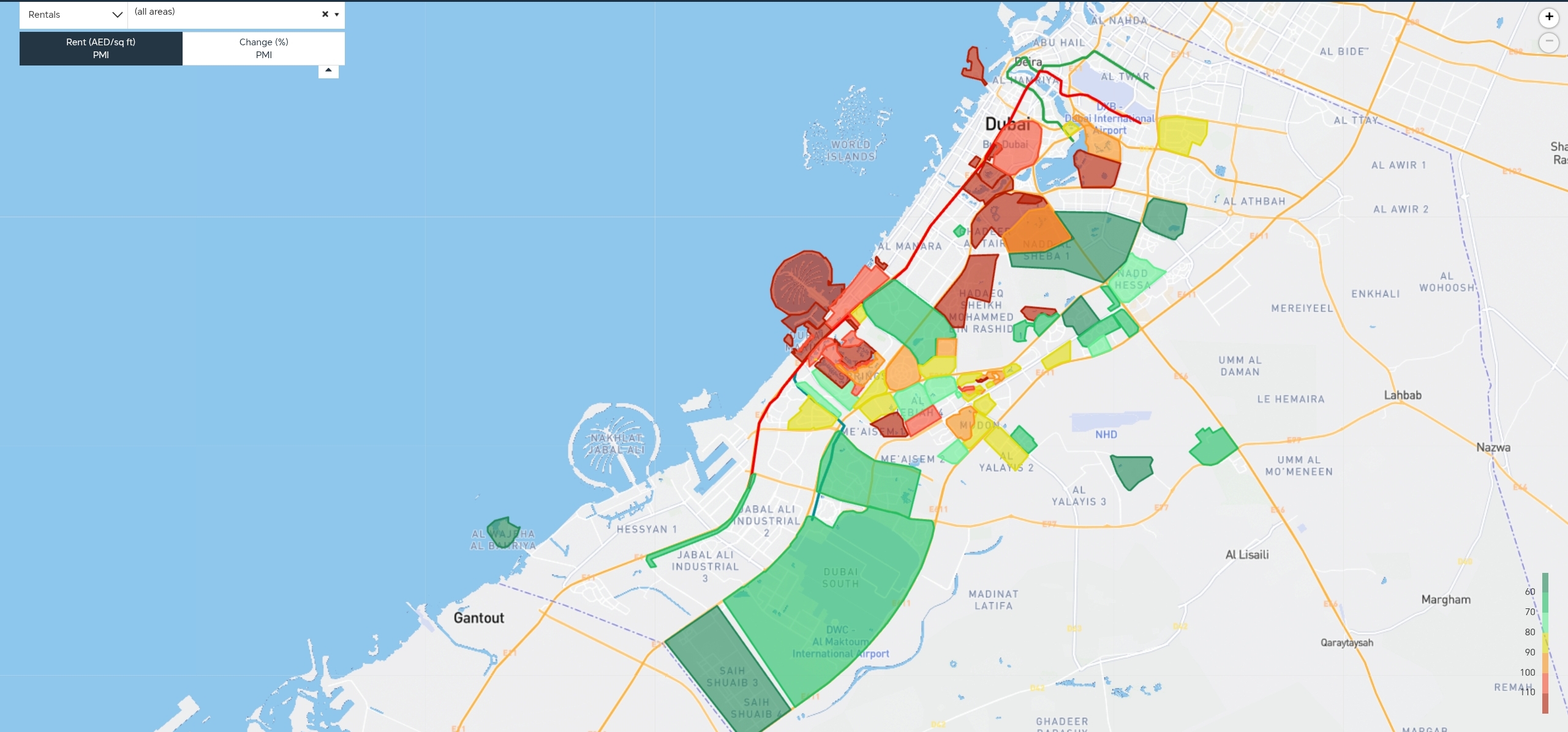 Dubai property rental price by area