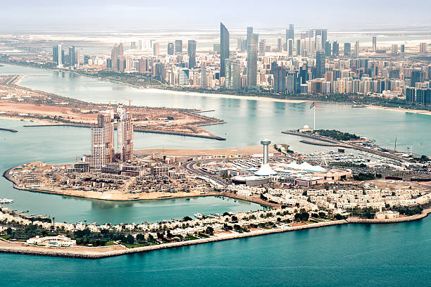Part of Abu Dhabi, UAE with surrounding area viewed from the helicopter. Many details are visible in the image.
