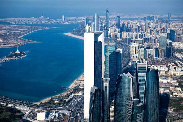 Helicopter point of view of Abu Dhabi skyscrapers.